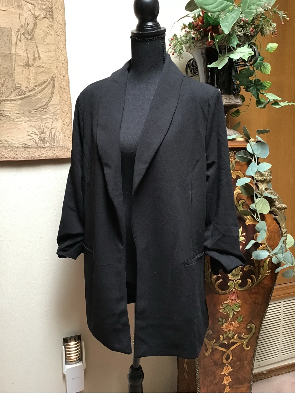 Black Open-Front Women's Blazer with Shawl Collar